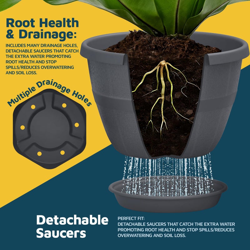 LifeMaster 10-Inch Whiskey Barrel Planters Outdoor Pack of 5 - Durable Plastic Plant Pots for Indoor & Outdoor Use with Drainage & Saucer, Lightweight Rustic Barrel Planters for Flowers, Herbs & Small Plants - Image 4