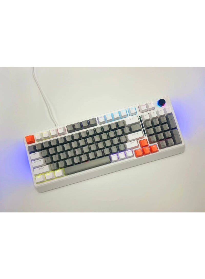 أيه بي جي كيبورد قيمنق ميكانيكي 98 زر سويتش أحمر – إضاءة RGB، أزرار رمادي/أبيض/برتقالي، سلكي USB – كيبورد عربي انجليزي ميكانيكي للألعاب - Image 2