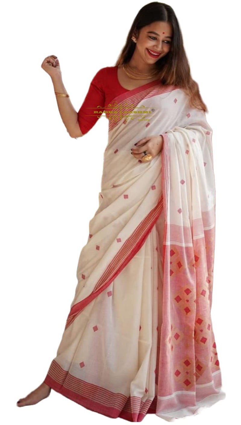 RADHA LAKSHMI Women's Banarasi linen cotton Silk White Red Colour Saree With Blouse piece(AG White red plain linen SQURE) - Image 1