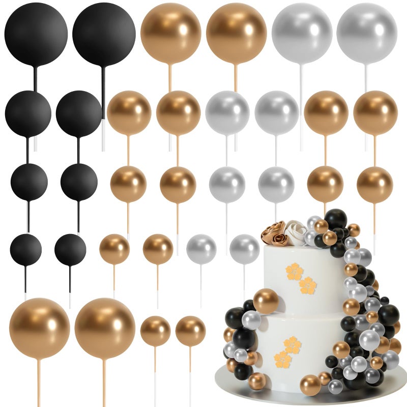 ASTARON 32 Pcs Ball Cake Topper Decorations Mini Balloons Cake Topper Sticks Foam Balls Cake Picks for Graduation Wedding Party Birthday Cake Decorations (Gold Silver Black) - Image 1