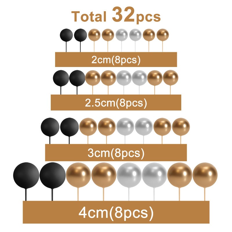ASTARON 32 Pcs Ball Cake Topper Decorations Mini Balloons Cake Topper Sticks Foam Balls Cake Picks for Graduation Wedding Party Birthday Cake Decorations (Gold Silver Black) - Image 2