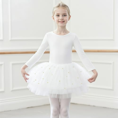 KAQININI Toddler Girls Ballet Leotard Long Sleeve Tutu Dress with Shiny Skirt Kids Ballerina Dance Outfits (White, 8Y) - Image 2