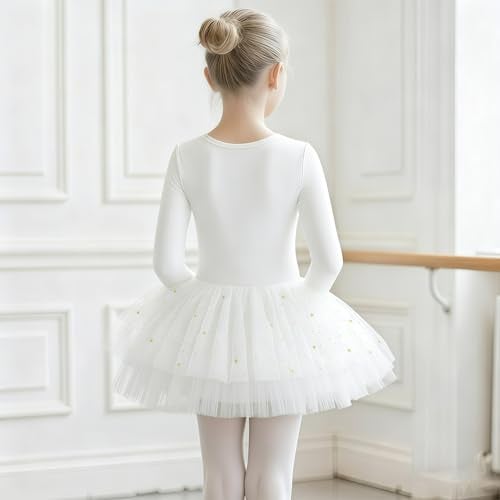 KAQININI Toddler Girls Ballet Leotard Long Sleeve Tutu Dress with Shiny Skirt Kids Ballerina Dance Outfits (White, 8Y) - Image 3
