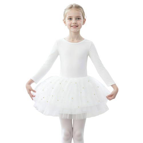 KAQININI Toddler Girls Ballet Leotard Long Sleeve Tutu Dress with Shiny Skirt Kids Ballerina Dance Outfits (White, 8Y) - Image 1