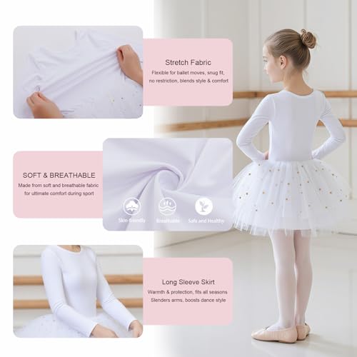 KAQININI Toddler Girls Ballet Leotard Long Sleeve Tutu Dress with Shiny Skirt Kids Ballerina Dance Outfits (White, 8Y) - Image 5