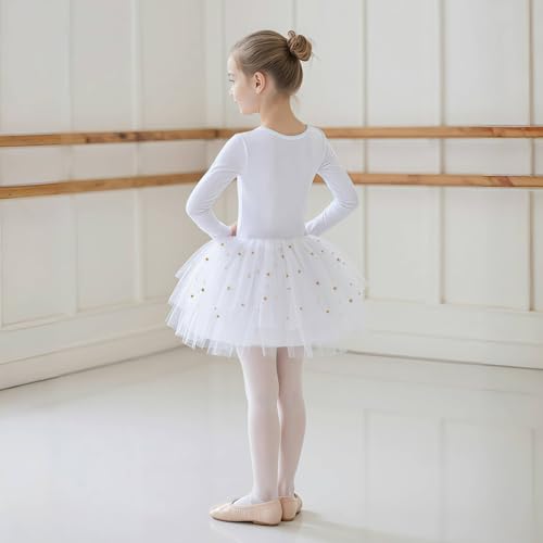 KAQININI Toddler Girls Ballet Leotard Long Sleeve Tutu Dress with Shiny Skirt Kids Ballerina Dance Outfits (White, 8Y) - Image 4