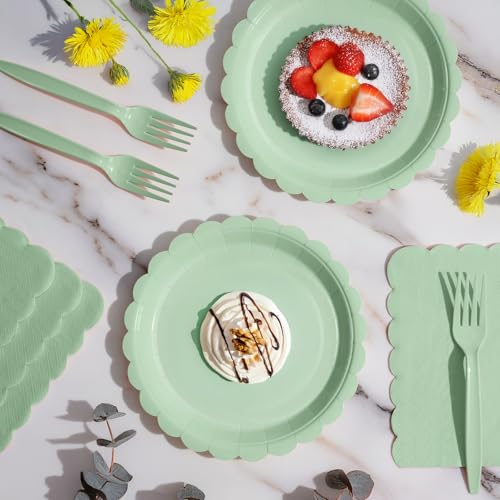 Tyzarglef 105PCS Paper Plates and Napkins Set,7 Inch Scalloped Disposable Tableware with Forks for Birthdays, Garden Parties & Outdoor Events,Serves 35 (Sage Green) - Image 4