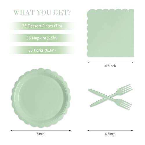 Tyzarglef 105PCS Paper Plates and Napkins Set,7 Inch Scalloped Disposable Tableware with Forks for Birthdays, Garden Parties & Outdoor Events,Serves 35 (Sage Green) - Image 2