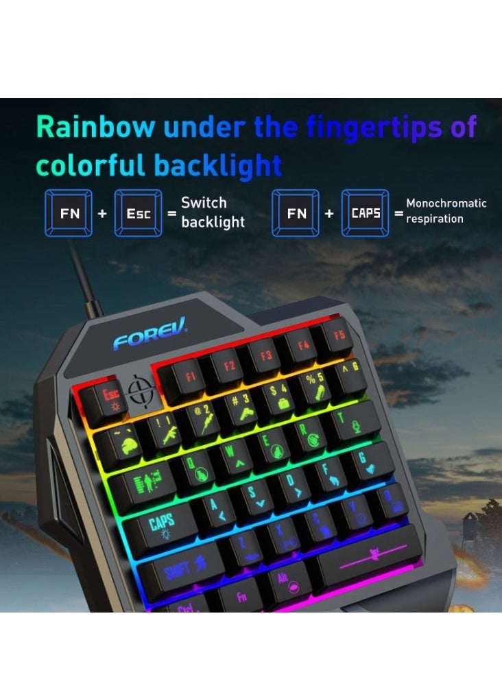 فوريف لوحة مفاتيح للألعاب FOREV FV-F6 بيد واحدة مع وضع المعصم وتصميم مريح - إضاءة خلفية قوس قزح - تخطيط أغطية المفاتيح الإنجليزية - 35 مفتاح غشائي - للكمبيوتر الشخصي / الهاتف المحمول / PS4-5 | أسود  - Image 4