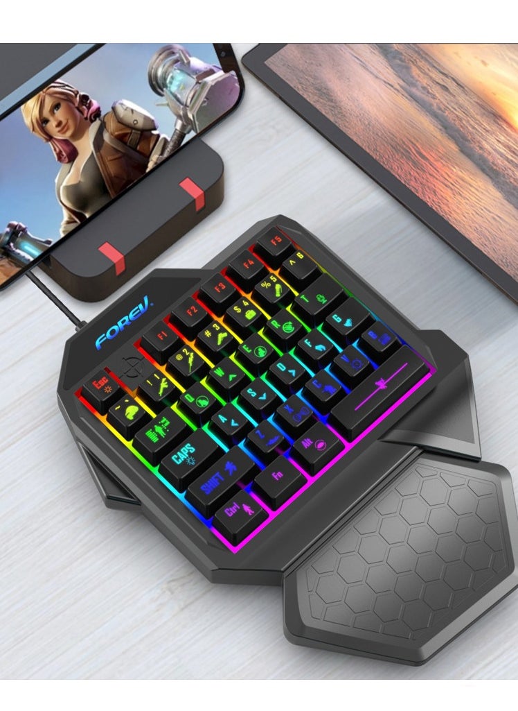 FOREV FV-F6 One-Hand Gaming Keyboard with wrist position and Ergonomic design – Rainbow Backlight – English keycaps layout – 35 Membrane Key- For PC/ Mobile / PS4-5 | Black