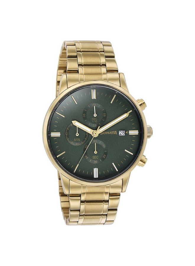 Sonata 77145YM01 Men’s Watch – Multifunction Green Dial, Gold Stainless Steel Bracelet, Quartz Movement - Image 2