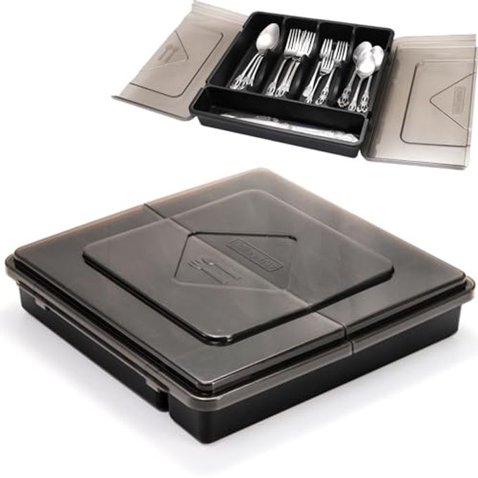 Dicunoy Silverware Organizer with Lid, Covered Utensil Drawer Organizer Tray for Kitchen, 5 Compartments Plastic Black Cutlery Flatware Storage Box for Spoons Forks Knives, Office, RV, Countertop - Image 1