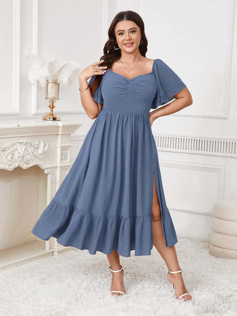 SCOMCHIC Womens Plus Size Wedding Guest Cocktail Dresses Sweetheart Neckline Short Sleeve Smocked Ruffle Slit Maxi Dress Dusty Blue - Image 2