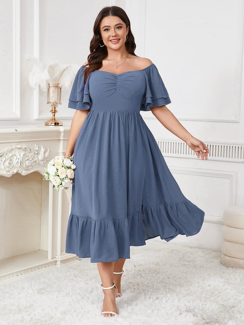 SCOMCHIC Womens Plus Size Wedding Guest Cocktail Dresses Sweetheart Neckline Short Sleeve Smocked Ruffle Slit Maxi Dress Dusty Blue - Image 5