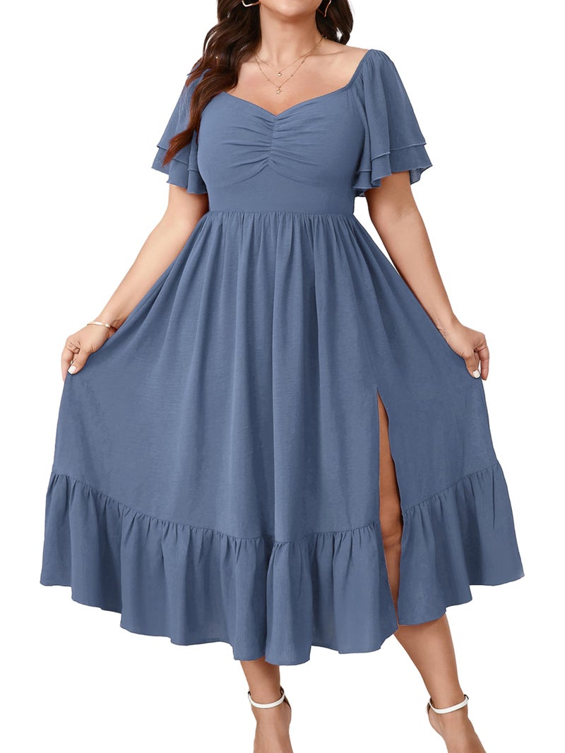 SCOMCHIC Womens Plus Size Wedding Guest Cocktail Dresses Sweetheart Neckline Short Sleeve Smocked Ruffle Slit Maxi Dress Dusty Blue - Image 1