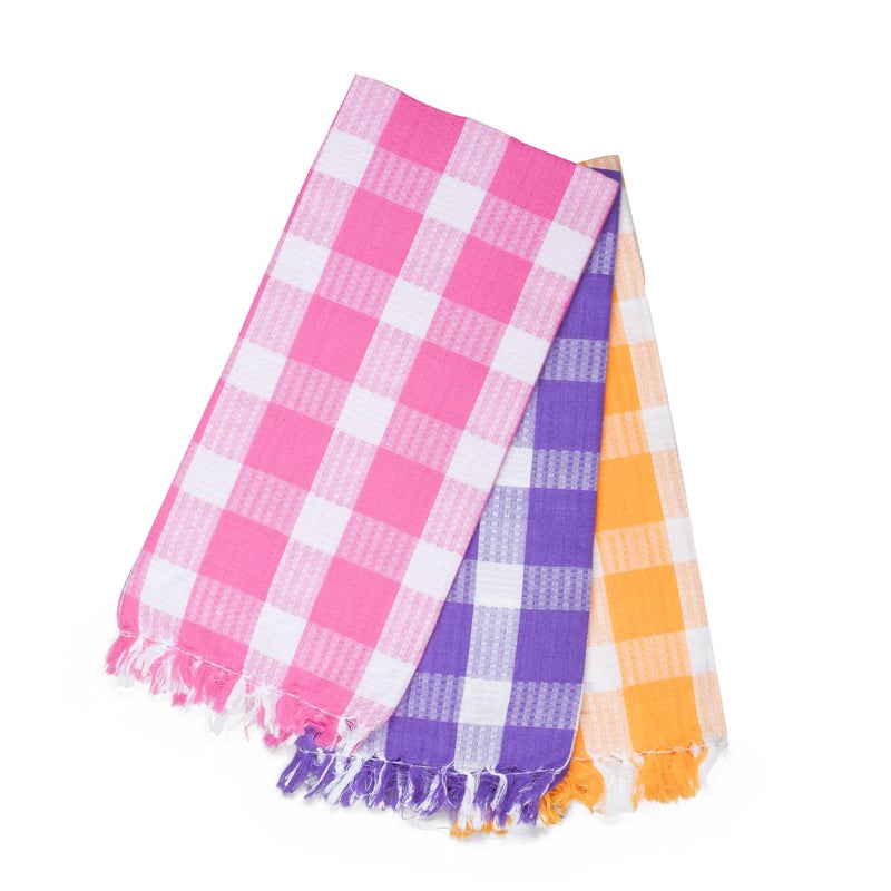 ETHAZH ETHAZH Lotus Multicolor Checked Cotton Bath Towels 75 X 150 cm C1 Pack of 3  - Image 1