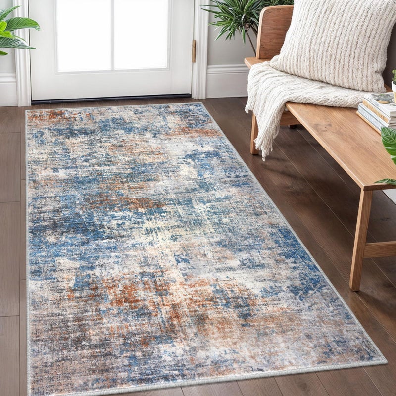 IOHOUZE Abstract Area Rug 3x5 Ft Washable Rugs for Entryway Indoor, Non Slip Kitchen Rug Printed Faux Wool Throw Rugs, Indoor Door Mat for Door Entrance Foyer Living Room, Blue Rust - Image 1