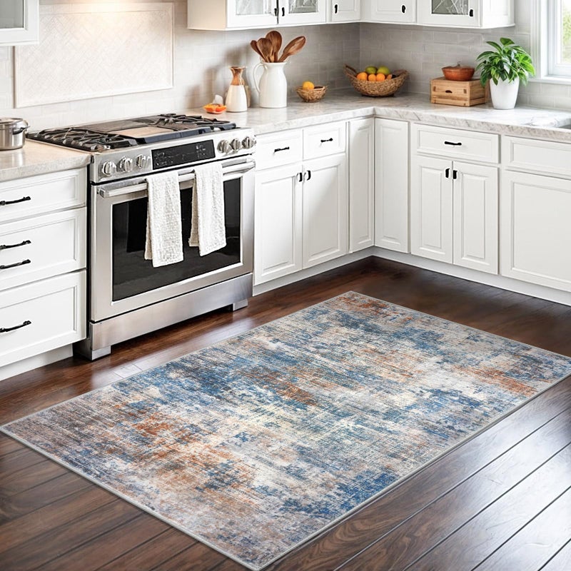 IOHOUZE Abstract Area Rug 3x5 Ft Washable Rugs for Entryway Indoor, Non Slip Kitchen Rug Printed Faux Wool Throw Rugs, Indoor Door Mat for Door Entrance Foyer Living Room, Blue Rust - Image 2