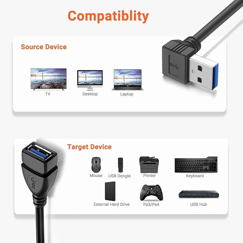 WILLIZTER Short USB 3.0 Extension Cable Right Angle,SuperSpeed USB 3.0 Male to Female Extension Data Cable Up and Down Angle 6 Inch Convertor Adapter Extender Pack of 2 - Image 2