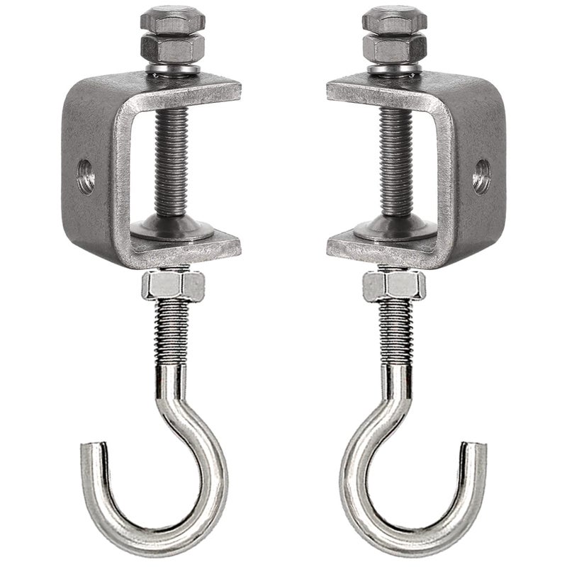 Wekboss 2 Set Metal Beam Hook 1 Inch Stainless Steel C Clamps and Heavy Duty Hanging J HookThreaded Screw Hook for Garage I Beam
