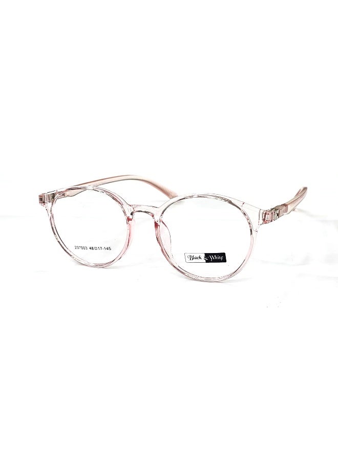 Stylish and practical kids’ eyeglasses in Transparent Pink color, made of premium TR material. Lightweight, durable, and unbreakable. Equipped with 180° flexible spring hinges for extra comfort and stability during daily use. Designed to ensure kids’ comfort and safety all day long.