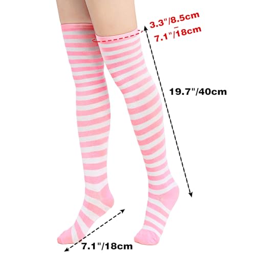 DAZCOS Striped Thigh High Socks Elastic Over The Knee Knit Stockings for Daily or Anime Cosplay (Pink+White) - Image 2