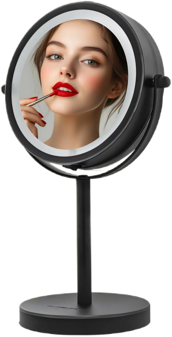OVENTE 6 Lighted Makeup Mirror with 1X7X Magnification Cordless Tabletop Mount Vanity Round Mirror with 360 Swivel Design and Double Sided Cool Tone LED Ring Light Matte Black MLT60B1X7X