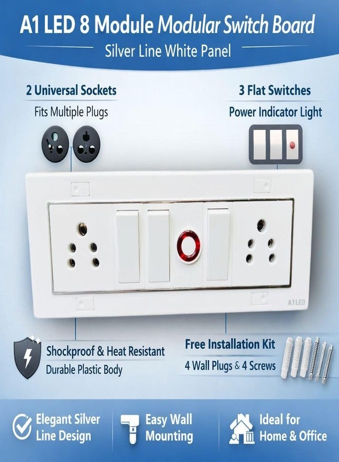 A1 LED 8 Modular Switch Board with 2 Universal Socket, 3 Switch & Indicator, Wall Mounted Multi Plug Electrical Panel, Silver Line White Switch Board for Home Office - Image 2