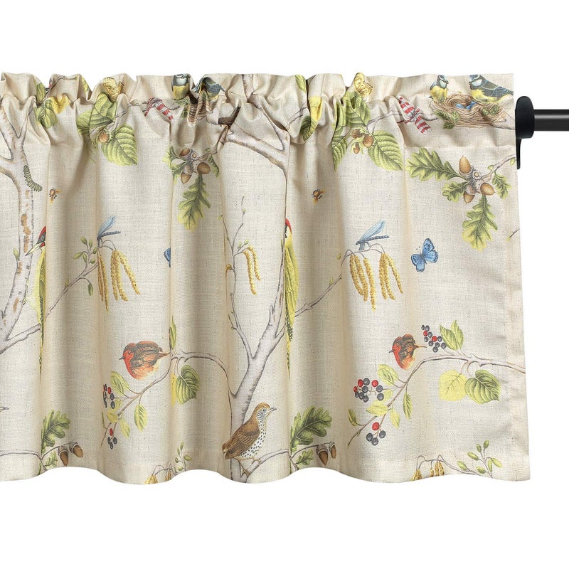 VOGOL VOGOL Birds Print Kitchen Curtains Valance Country Style Faux Linen Curtain Panels for Living Room Decorative Rod Pocket Valances for Bathroom Bedroom Windows 1 Panel 52x18 