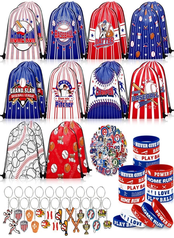 Grneric 110 Pcs Baseball Party Favors Drawstring Backpack with Keychains Silicone Bracelets Stickers for Sports Birthday Supplies Goodie Bags Baseball Themed Gifts - Image 1