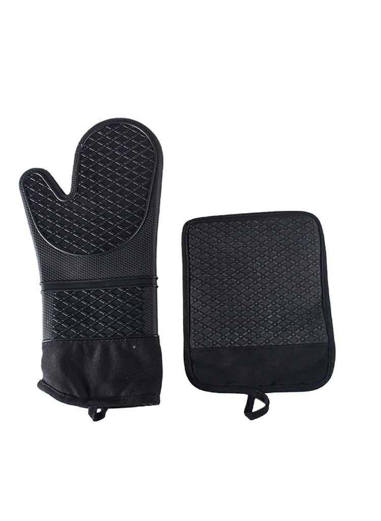 XiuWoo Silicone Oven Mitts and Pot Holders Set, Heat Resistant Mittens with Mini Gloves Hot Pads, for Kitchen Baking Cooking, Quilted Liner, Black,Pack of 6  - Image 1