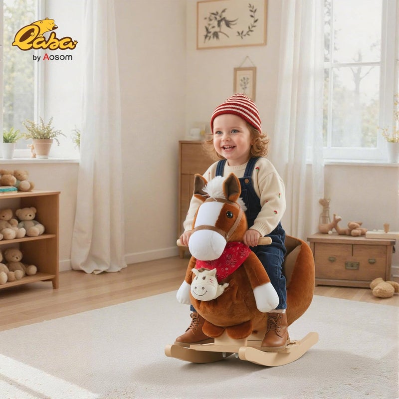 Qaba Kids Ride-On Rocking Horse Toy, Rocker with Lullaby Song, Hand Puppets & Soft Plush Fabric for Children 18-36 Months, Brown - Image 2