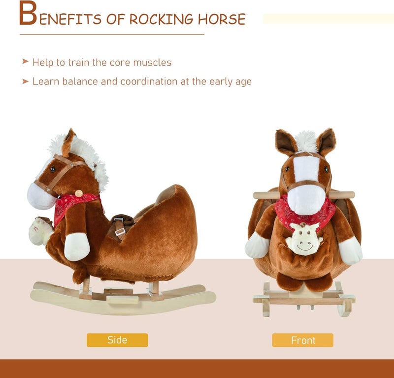 Qaba Kids Ride-On Rocking Horse Toy, Rocker with Lullaby Song, Hand Puppets & Soft Plush Fabric for Children 18-36 Months, Brown - Image 4