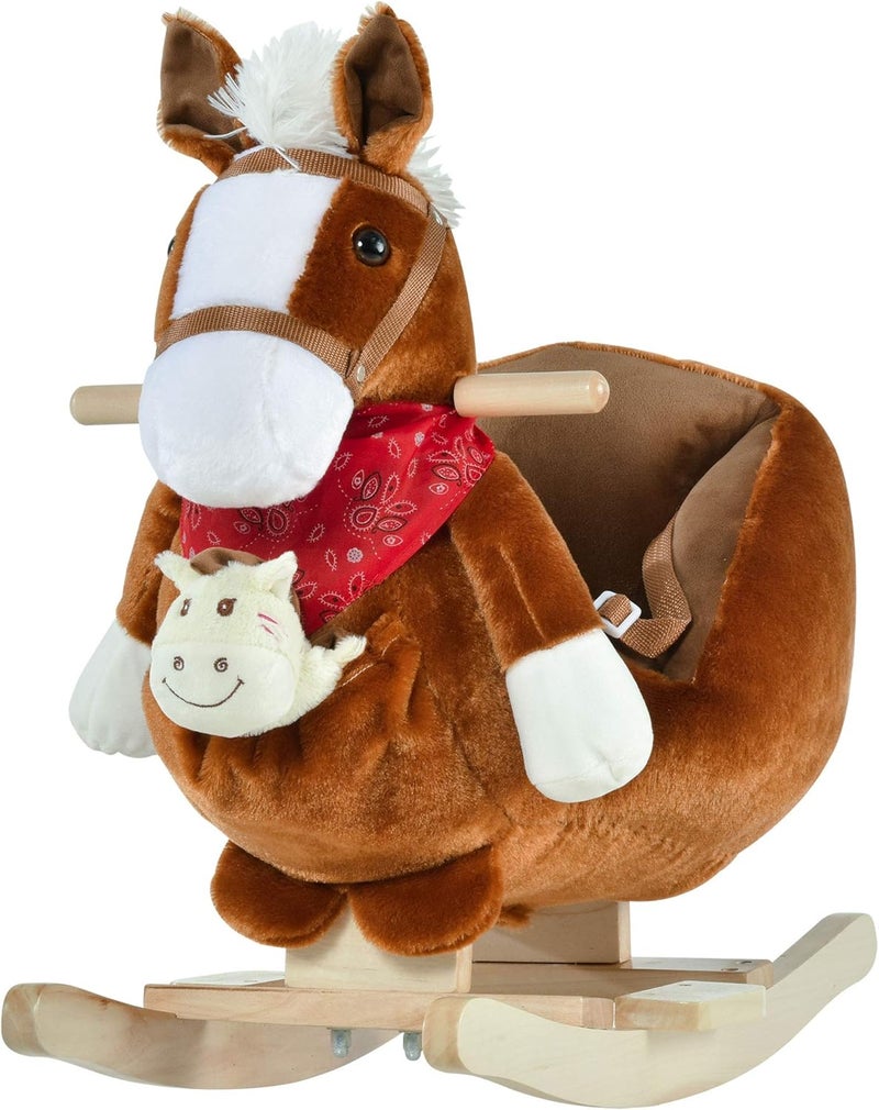 Qaba Kids Ride-On Rocking Horse Toy, Rocker with Lullaby Song, Hand Puppets & Soft Plush Fabric for Children 18-36 Months, Brown - Image 1