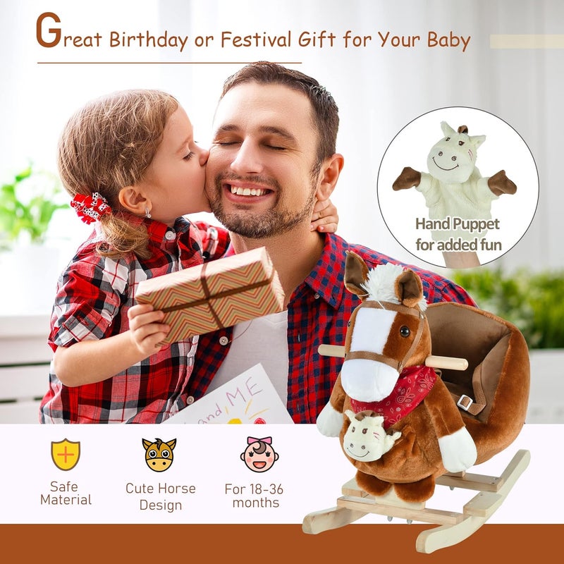 Qaba Kids Ride-On Rocking Horse Toy, Rocker with Lullaby Song, Hand Puppets & Soft Plush Fabric for Children 18-36 Months, Brown - Image 3