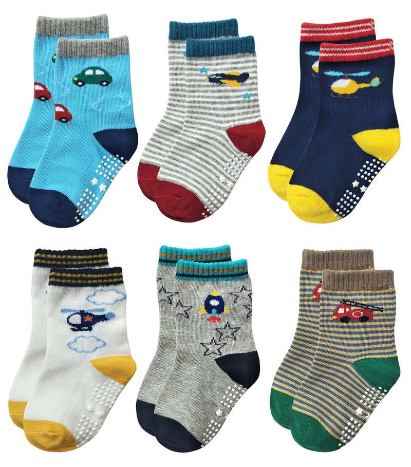 RATIVE RATIVE Non Skid Anti Slip Slipper Cotton Crew Socks With Grips for Baby Toddlers Kids Boys 13T 6pairsRB711