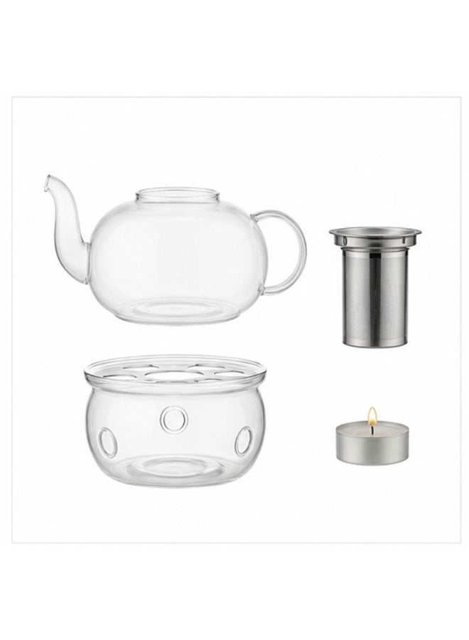 Artisan Glass Teapot Set with Infuser & Warmer Stand, 1000ML Borosilicate Glass Kettle with Stainless Steel Strainer, Includes Tea Light Candle Holder Base - Clear Glass Teaware - Image 4