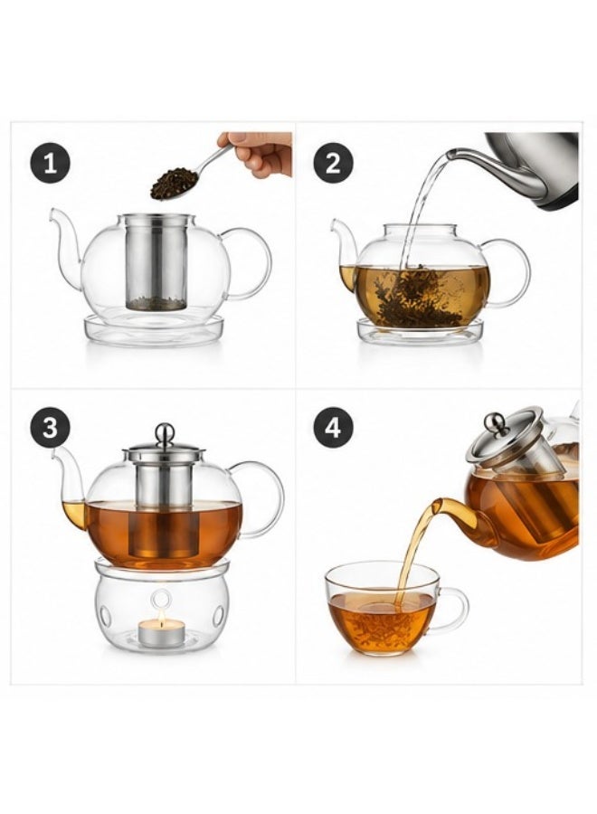 Artisan Glass Teapot Set with Infuser & Warmer Stand, 1000ML Borosilicate Glass Kettle with Stainless Steel Strainer, Includes Tea Light Candle Holder Base - Clear Glass Teaware - Image 3