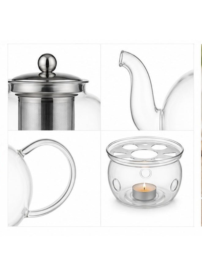Artisan Glass Teapot Set with Infuser & Warmer Stand, 1000ML Borosilicate Glass Kettle with Stainless Steel Strainer, Includes Tea Light Candle Holder Base - Clear Glass Teaware - Image 2
