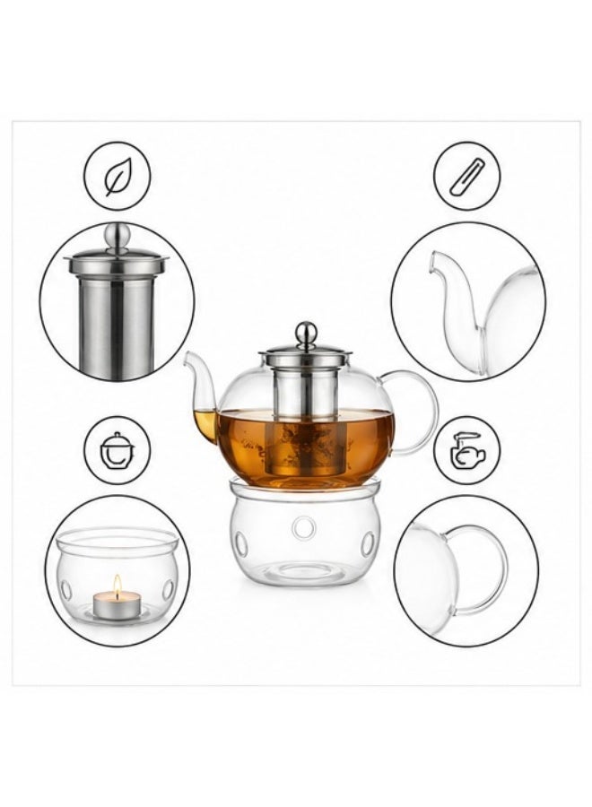 Artisan Glass Teapot Set with Infuser & Warmer Stand, 1000ML Borosilicate Glass Kettle with Stainless Steel Strainer, Includes Tea Light Candle Holder Base - Clear Glass Teaware - Image 5