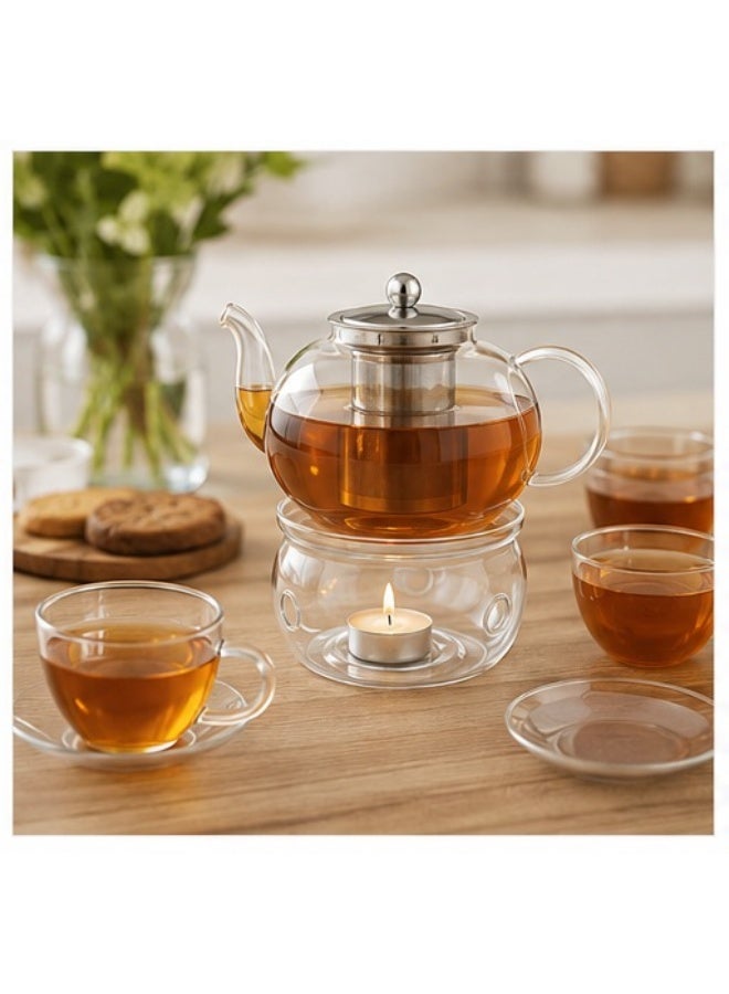 Artisan Glass Teapot Set with Infuser & Warmer Stand, 1000ML Borosilicate Glass Kettle with Stainless Steel Strainer, Includes Tea Light Candle Holder Base - Clear Glass Teaware - Image 1