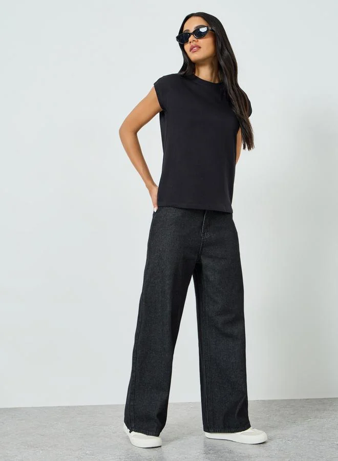 Styli Black Cotton Cap Sleeve T-Shirt