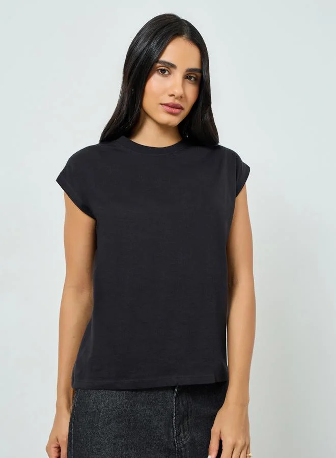 Styli Black Cotton Cap Sleeve T-Shirt