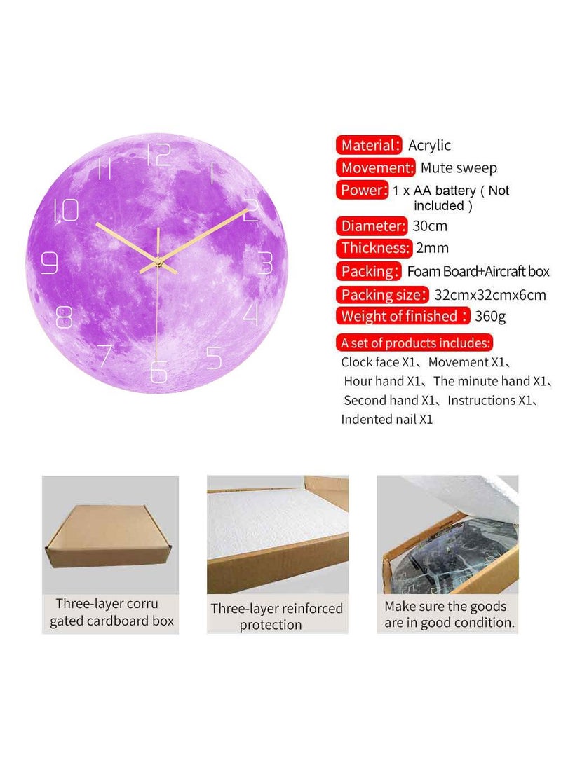 Bluejw Luminous Wall Clock For Bedroom, 12 Inch Silent Battery-Operated Wall Clocks For Living Room Or Kitchen, Large Display Night Light Up Kids Boys Birthday Gift Glow In The Dark -Moon - Image 2