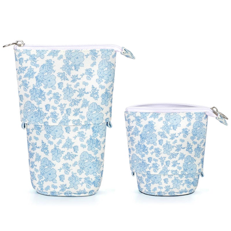 Cute Standing Pencil Case Pen Holder for Kids Pop Up Stand UP Bubble Tea Pen Organizer Kawaii Stationary for Christmas Holiday New Year Office Blue flowers