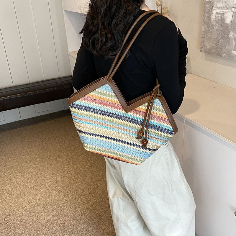 Woven Straw Bag Women'S Summer Vacation Seaside Beach Bag Large Capacity Shoulder Commuter Tote Bag - Image 1