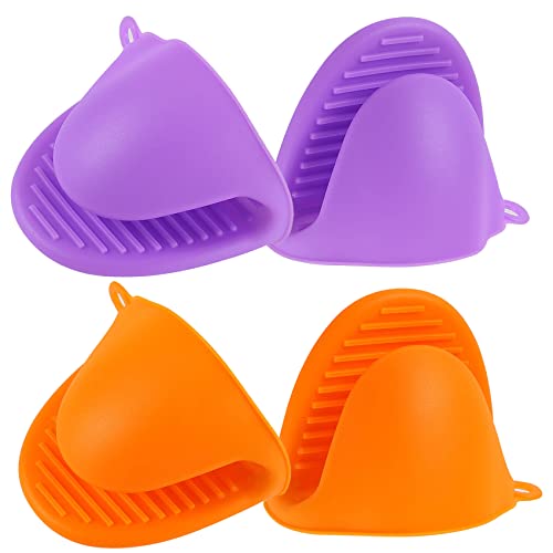 Acronde 2 Pairs Mini Oven Gloves Silicone Heat Resistant Cooking Pinch Mitts Potholder for Kitchen Cooking  Baking Purple and Orange
