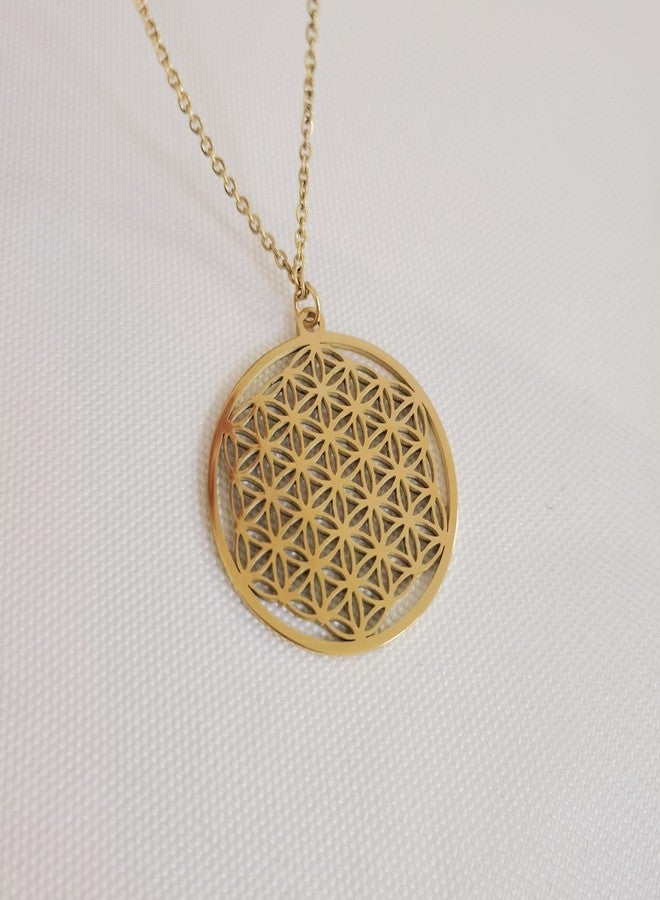 SENFAI Stainless Steel Circle Engrave Flower Pendant Necklace (Stainless steel necklace, gold-plated-stainless-steel) - Image 2