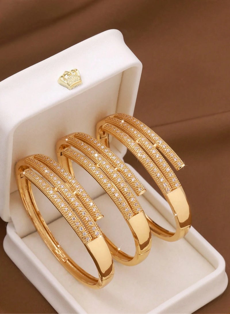 Women's Bracelets – A set of 3 gold-plated bangles adorned with sparkling zircon stones in a twisted design. Perfect for weddings, engagements, graduation gifts, Mother's Day, Valentine's Day, and all special occasions.  - Image 1