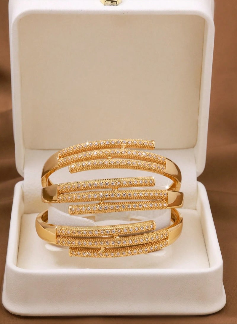 Women's Bracelets – A set of 3 gold-plated bangles adorned with sparkling zircon stones in a twisted design. Perfect for weddings, engagements, graduation gifts, Mother's Day, Valentine's Day, and all special occasions.  - Image 2